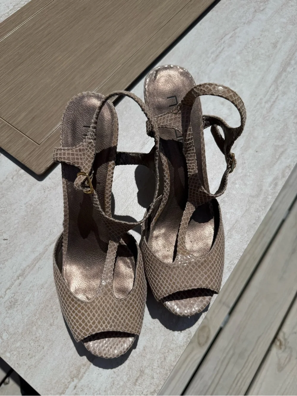 Moda International Beige Snakeskin Peep-Toe Slingback Heels